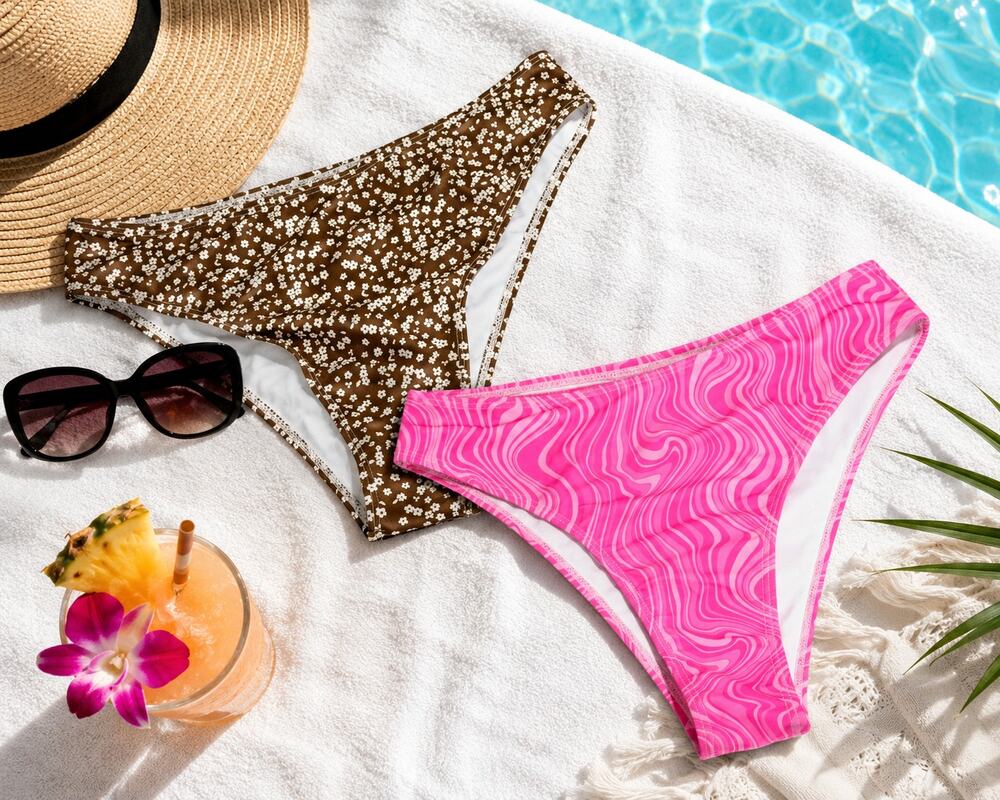 Women's Bikini Bottom Bundle Size Large Pink Swirl & Brown Floral Swim Bottoms